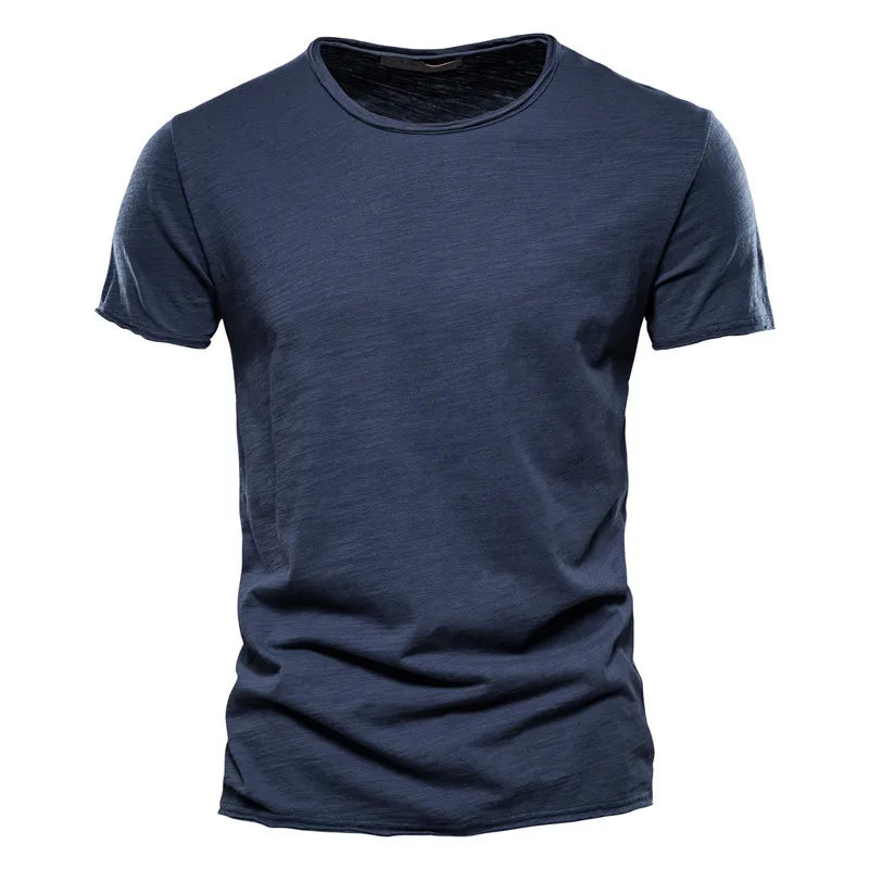 Navy blue 100% cotton men's crew-neck T-shirt with soft hand-feel for casual daily wear.