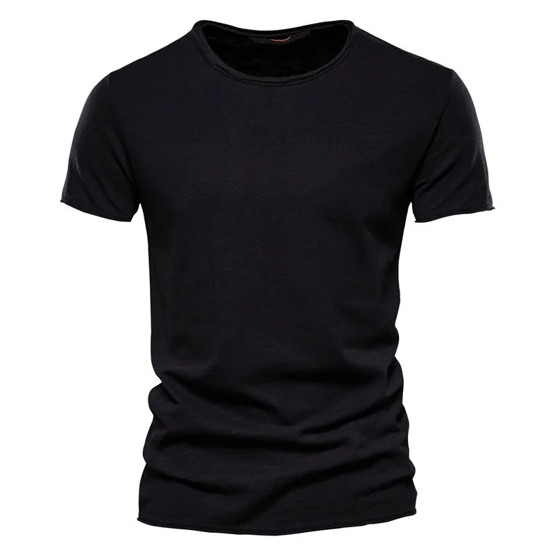 Black men's 100% cotton casual T-shirt with a soft hand-feel, crew neck, and short sleeves.