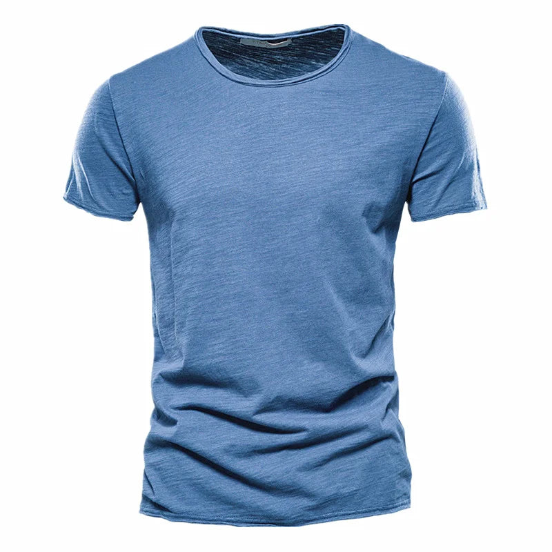 Blue 100% cotton men's T-shirt with soft hand-feel and breathable daily wear.