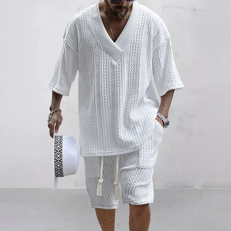 Two Piece Men's V-neck Short Sleeve T-shirt and Shorts Street Wear Knitted Set