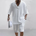 Two Piece Men's V-neck Short Sleeve T-shirt and Shorts Street Wear Knitted Set