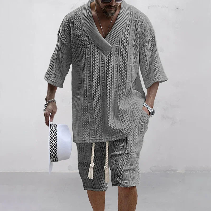 Two Piece Men's V-neck Short Sleeve T-shirt and Shorts Street Wear Knitted Set