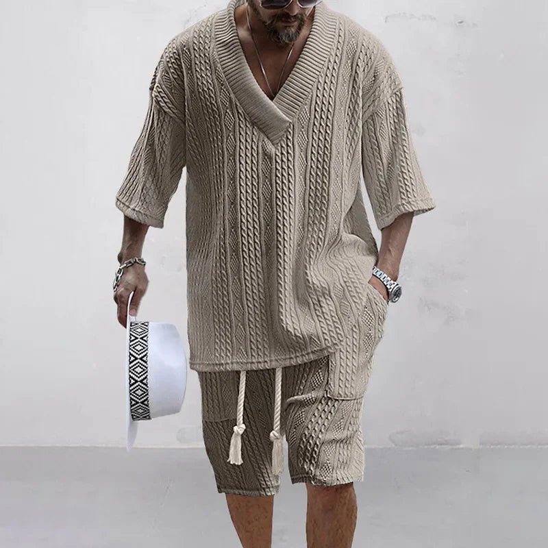 Two Piece Men's V-neck Short Sleeve T-shirt and Shorts Street Wear Knitted Set