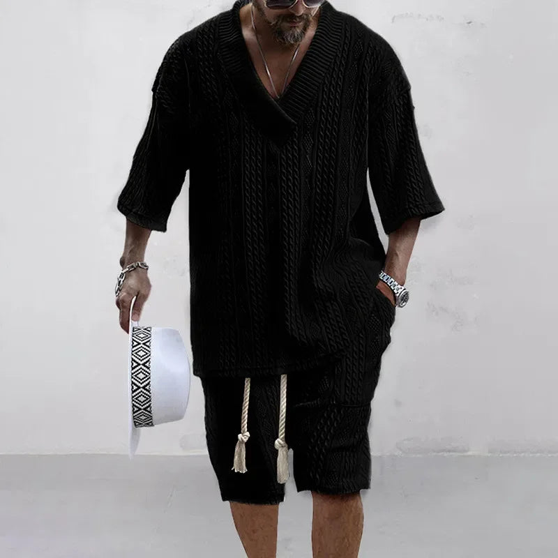 Two Piece Men's V-neck Short Sleeve T-shirt and Shorts Street Wear Knitted Set