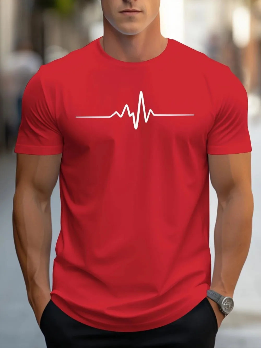 Men's electrocardiogram printed comfortable and breathable round neck top