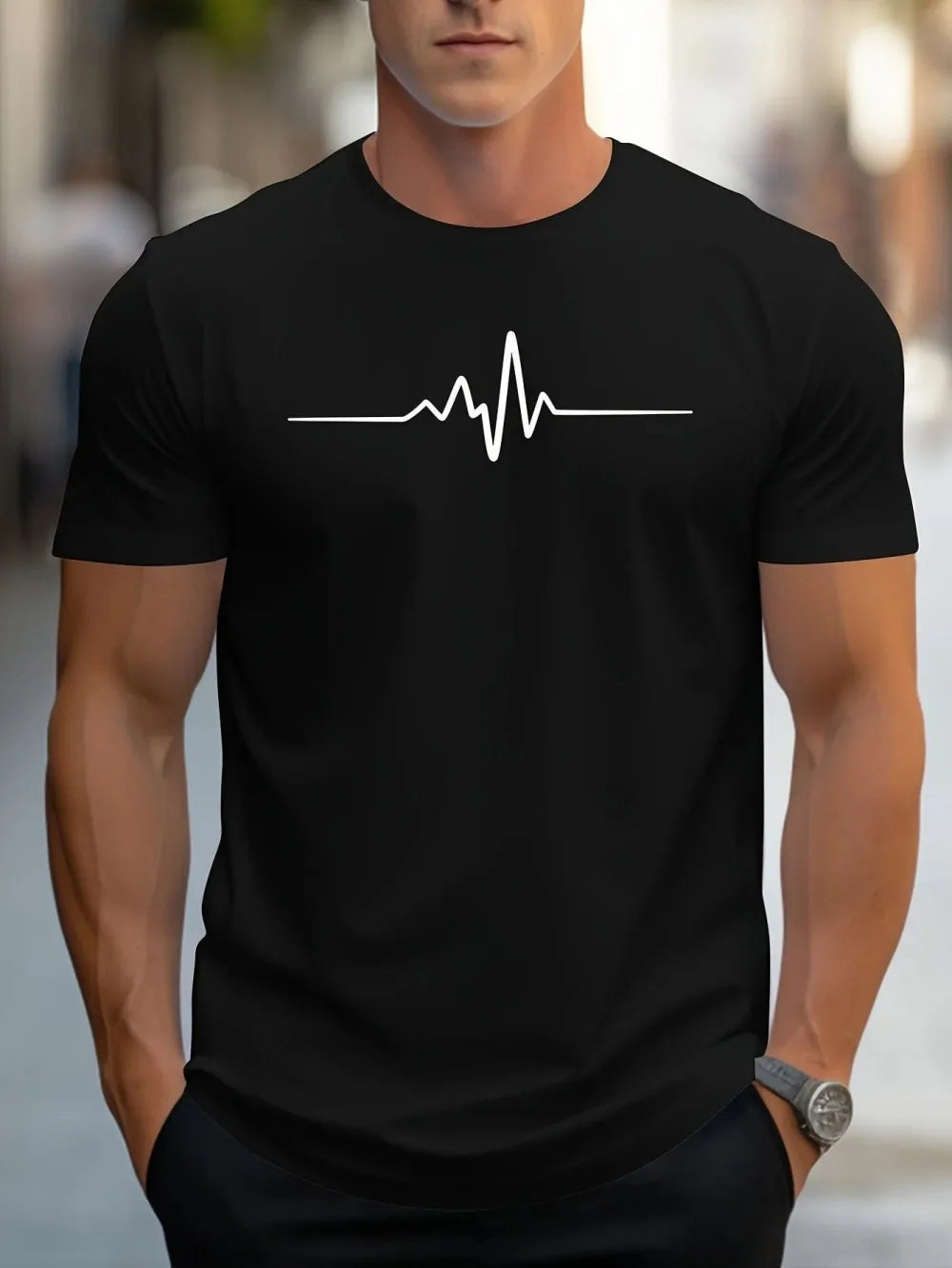 Men's electrocardiogram printed comfortable and breathable round neck top