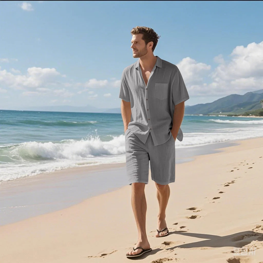 Men's linen short-sleeved short pants set