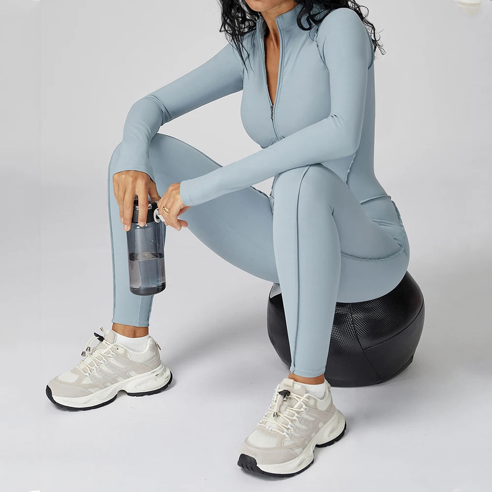 Women Yoga Bodysuit Long Sleeved Tracksuits Gym Zipper