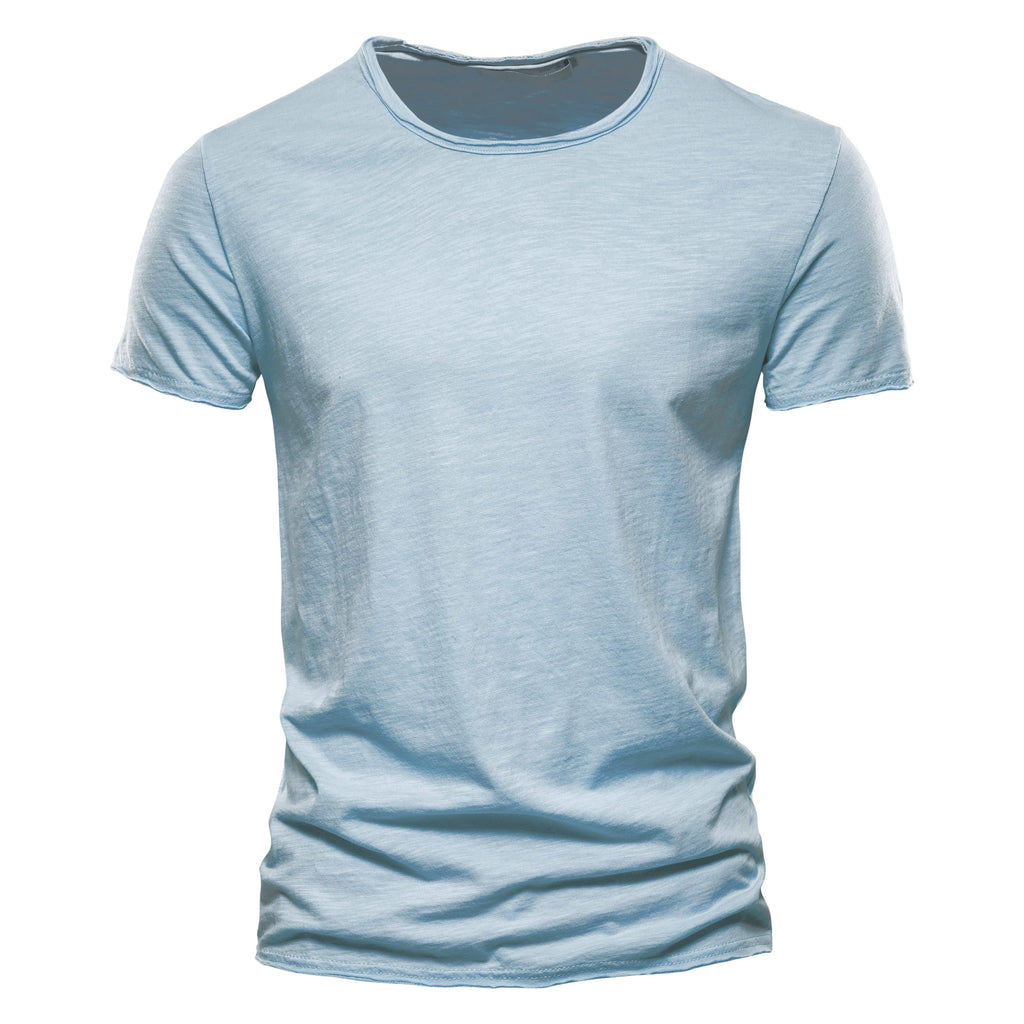 100% cotton men’s casual T-shirt in light blue with soft hand-feel, breathable daily wear.