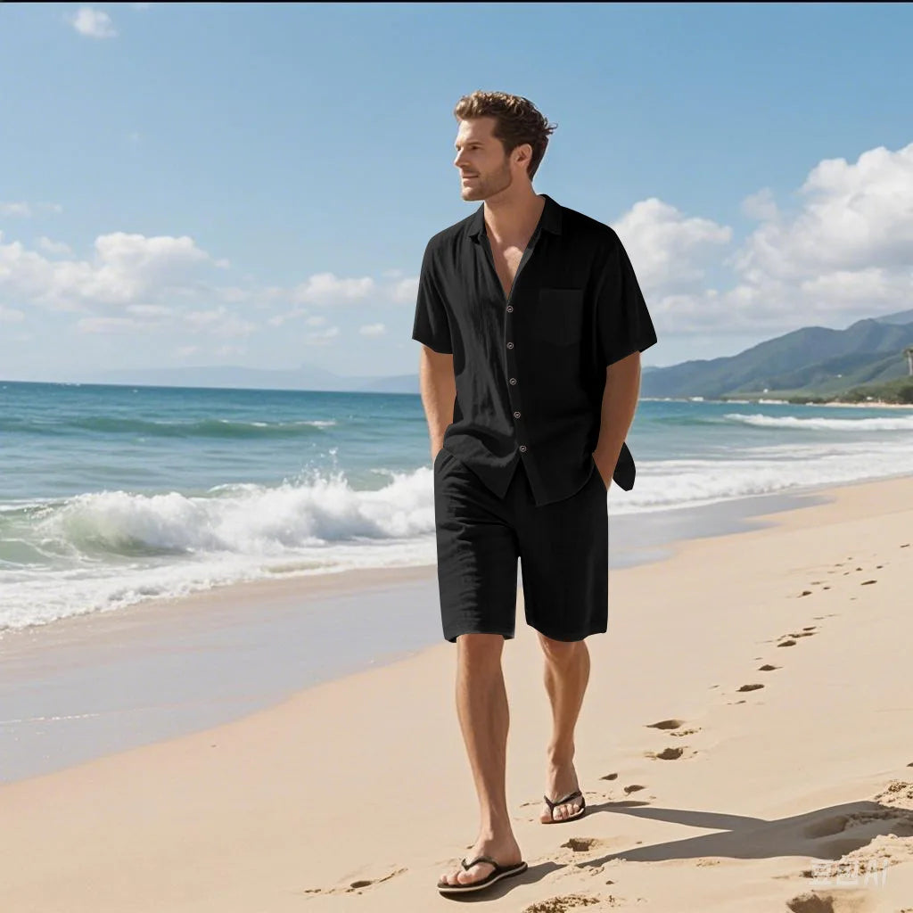 Men's linen short-sleeved short pants set