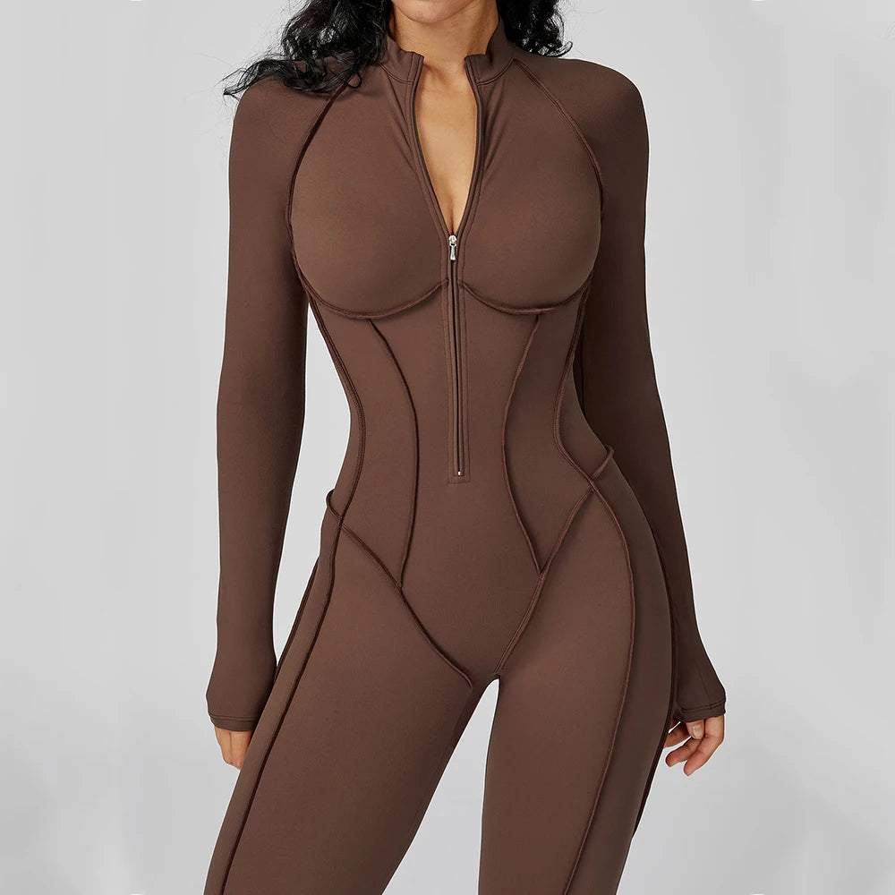 Women Yoga Bodysuit Long Sleeved Tracksuits Gym Zipper