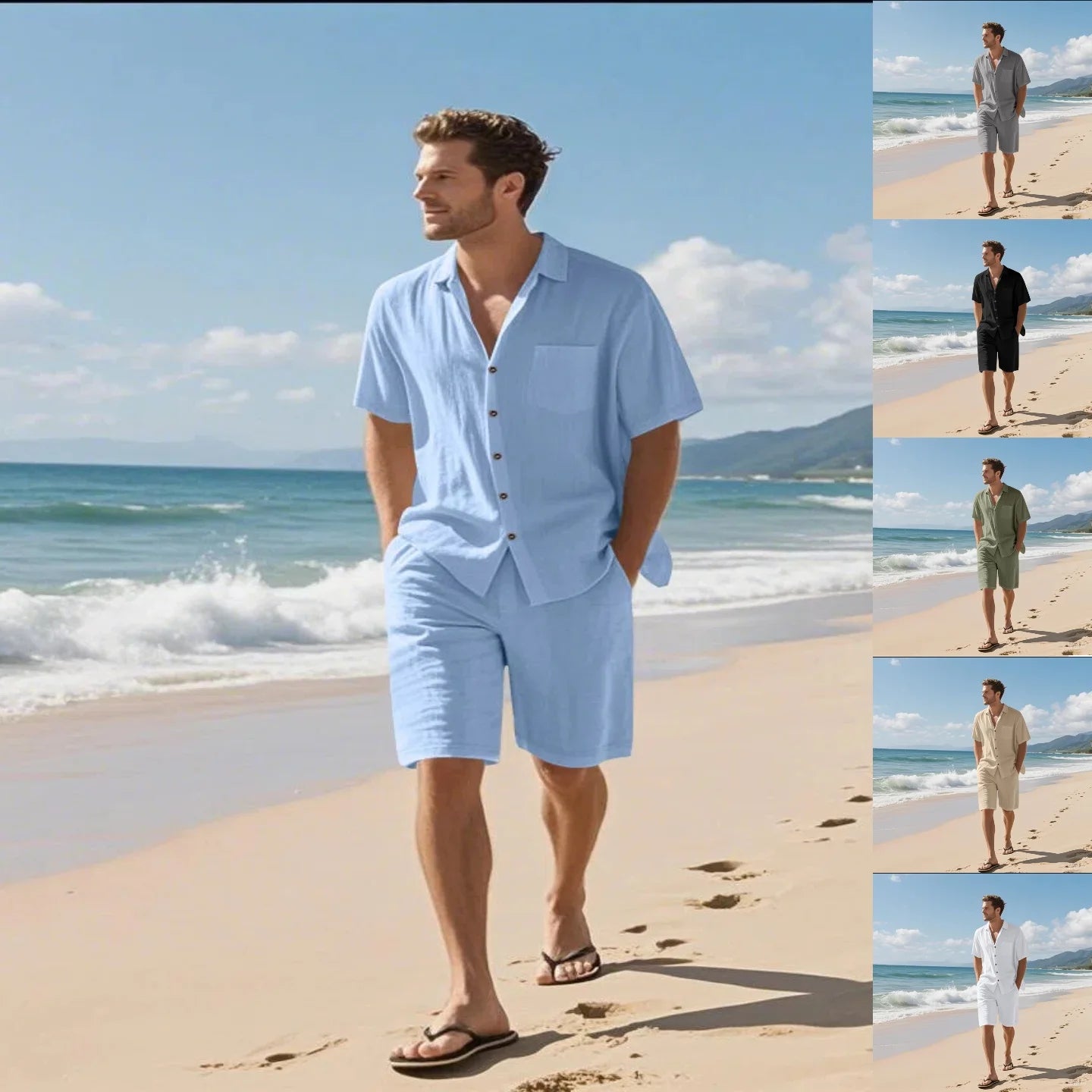 Men's linen short-sleeved short pants set