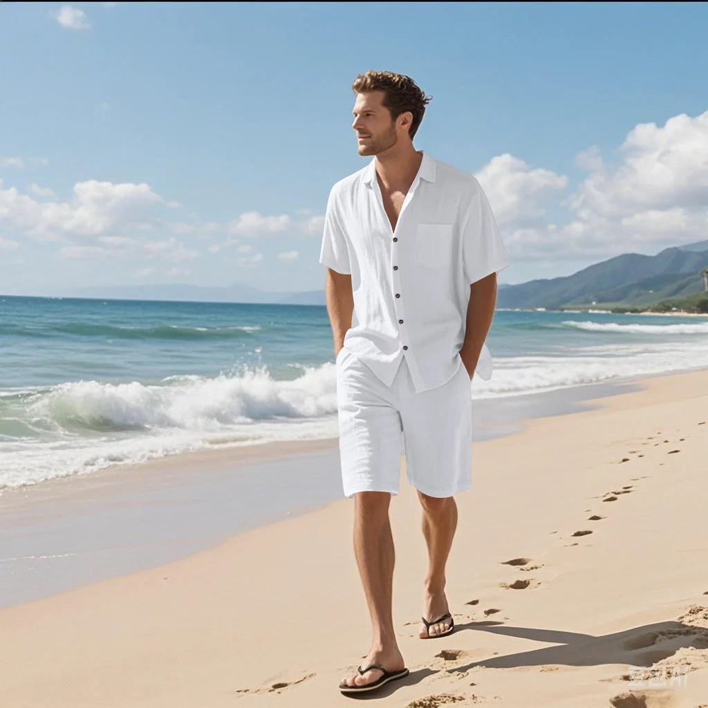 Men's linen short-sleeved short pants set