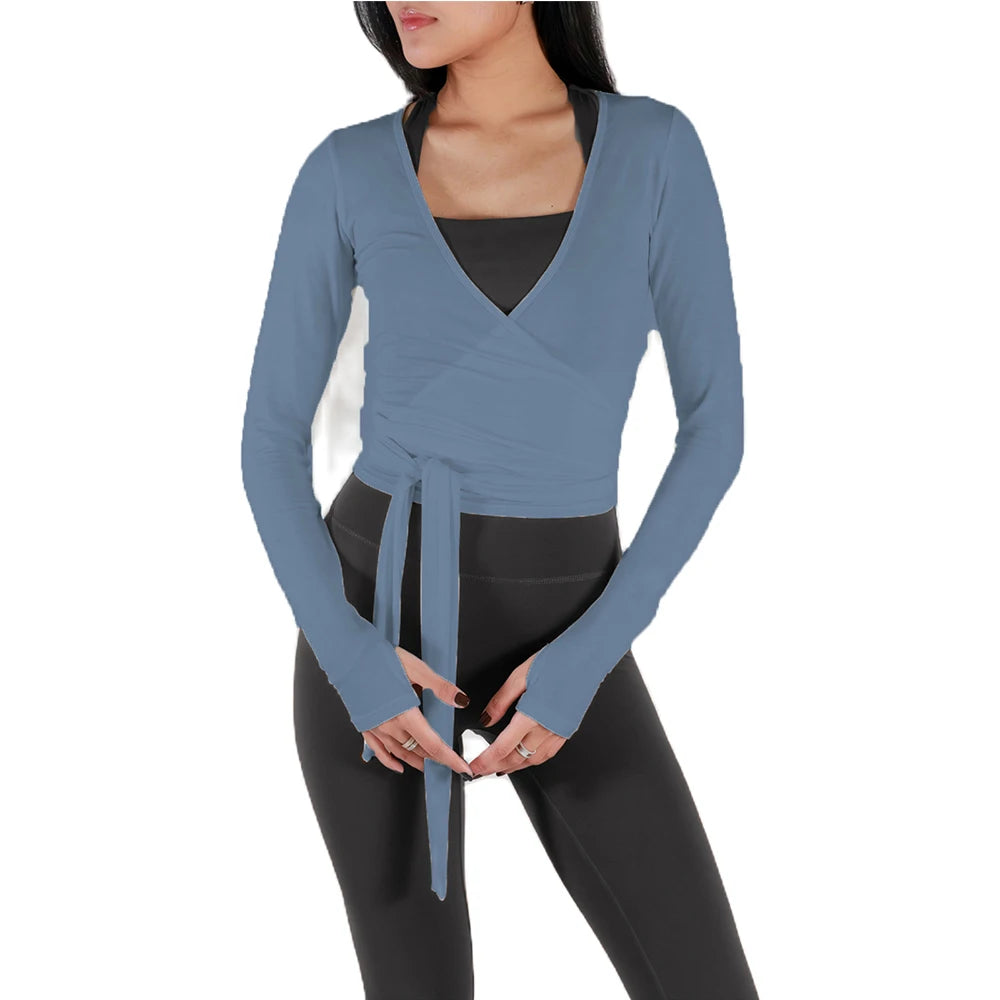 Yoga Wrap Crop Tops Tees Long Sleeve