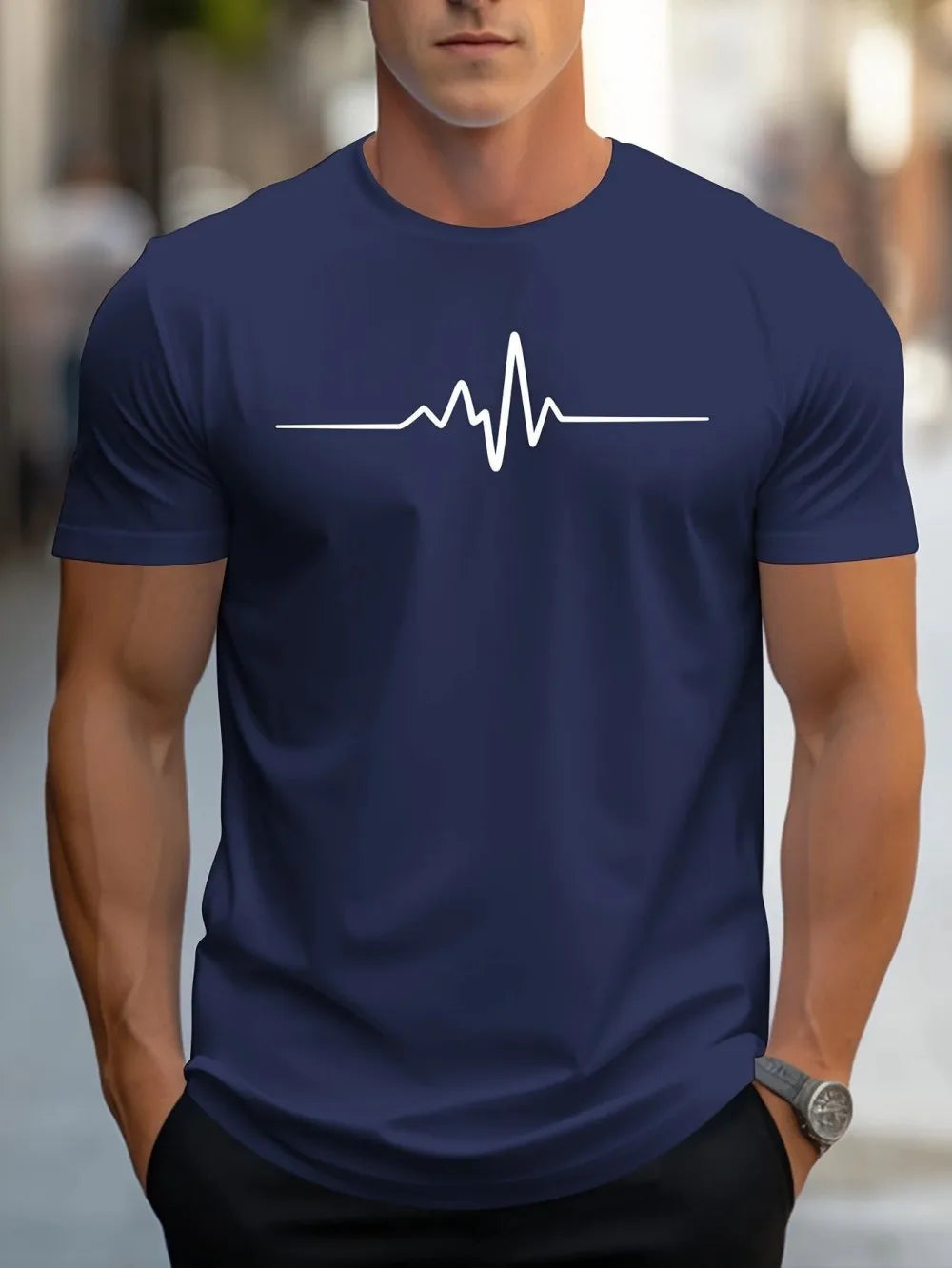 Men's electrocardiogram printed comfortable and breathable round neck top