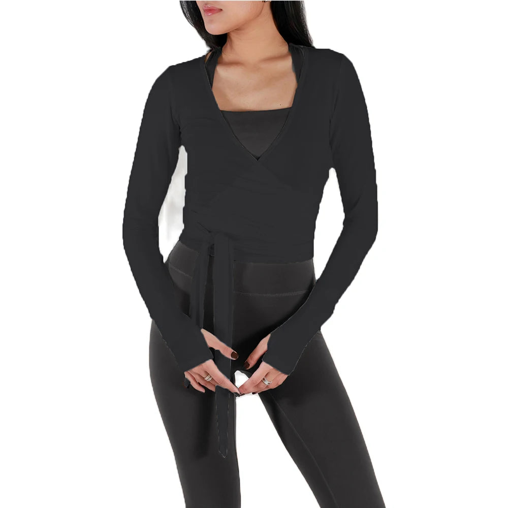 Yoga Wrap Crop Tops Tees Long Sleeve