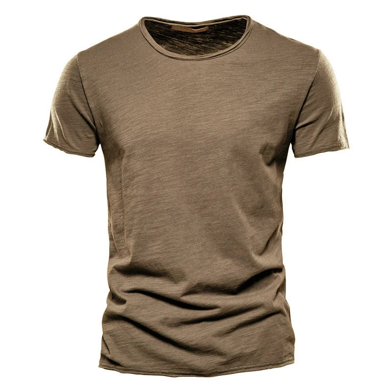Brown 100% cotton men's T-shirt with soft hand-feel for casual, breathable everyday wear.