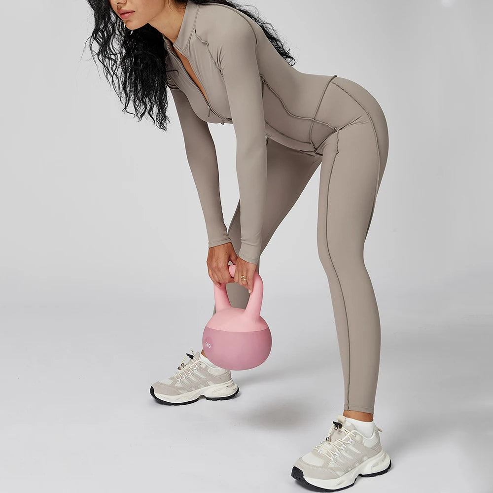 Women Yoga Bodysuit Long Sleeved Tracksuits Gym Zipper