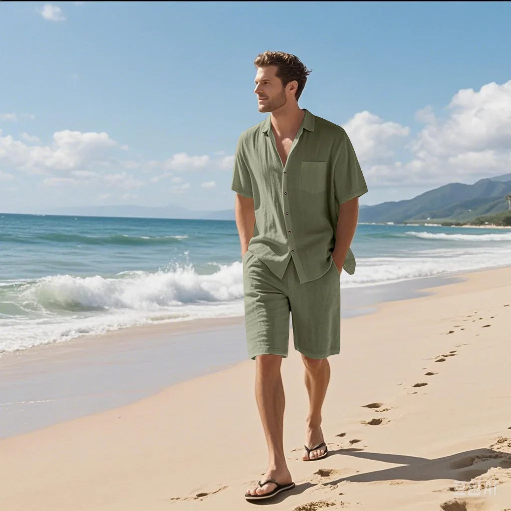 Men's linen short-sleeved short pants set