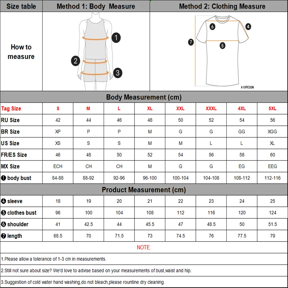 Size chart for 100% cotton men’s T-shirt: body and clothing measurements table.