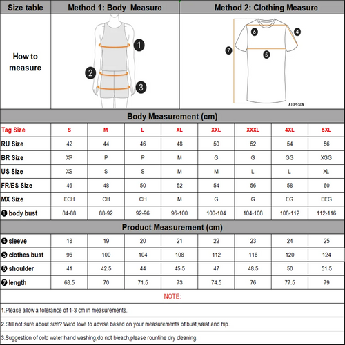 Size chart for 100% cotton men’s T-shirt: body and clothing measurements table.