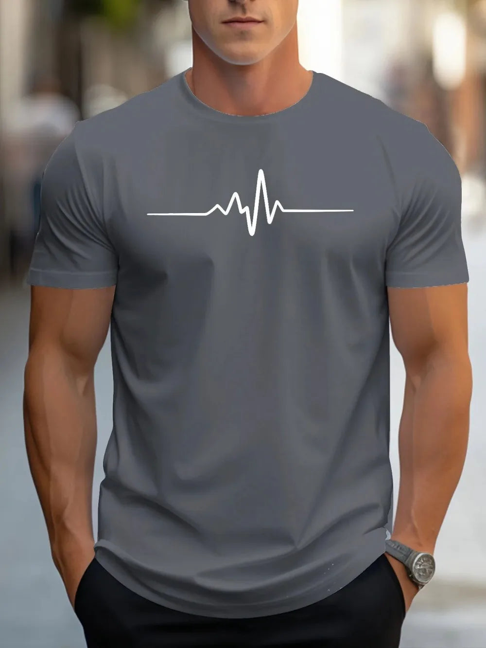 Men's electrocardiogram printed comfortable and breathable round neck top
