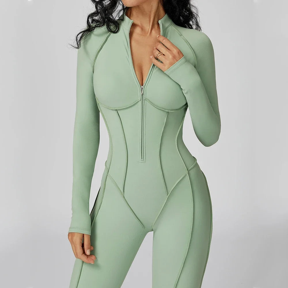 Women Yoga Bodysuit Long Sleeved Tracksuits Gym Zipper