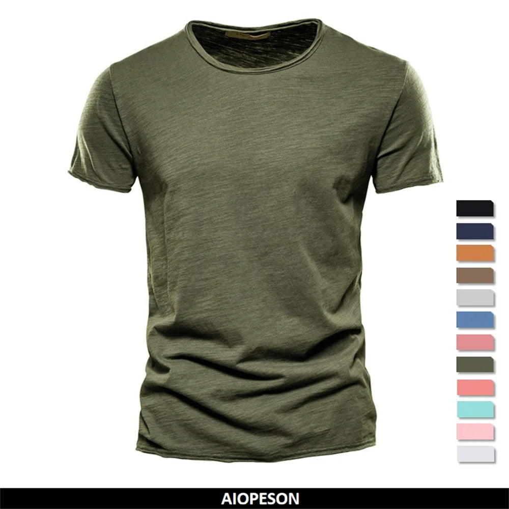100% cotton men's casual T-shirt with soft hand-feel, breathable daily wear in olive, available in multiple colors.