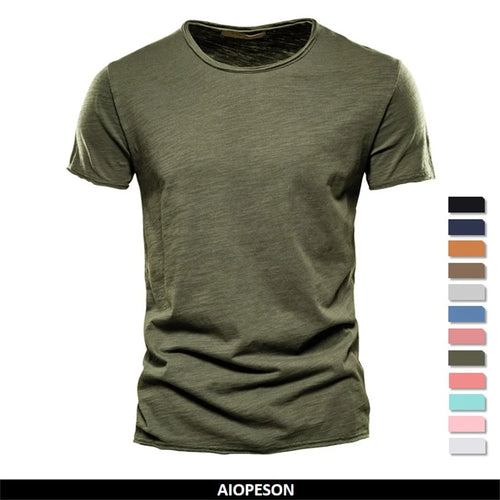 100% cotton men's casual T-shirt with soft hand-feel, breathable daily wear in olive, available in multiple colors.