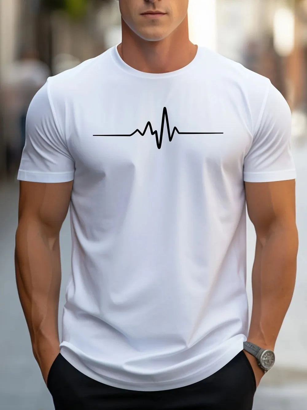 Men's electrocardiogram printed comfortable and breathable round neck top