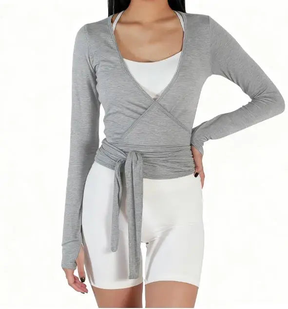 Yoga Wrap Crop Tops Tees Long Sleeve