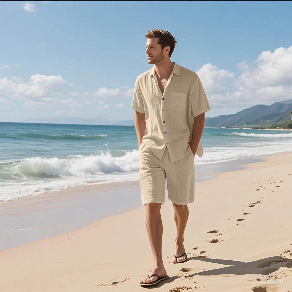 Men's linen short-sleeved short pants set