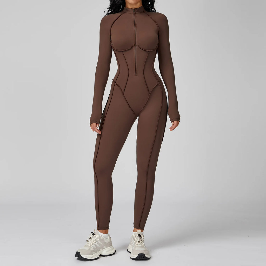 Women Yoga Bodysuit Long Sleeved Tracksuits Gym Zipper