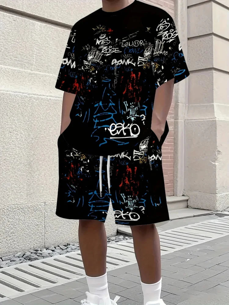Men's Short Sleeve Top Shorts Casual Two-piece Set