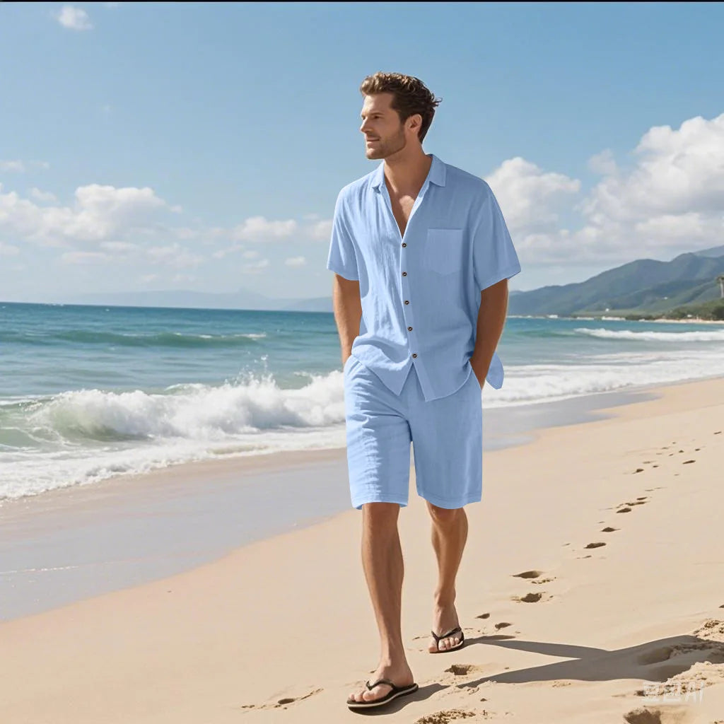 Men's linen short-sleeved short pants set