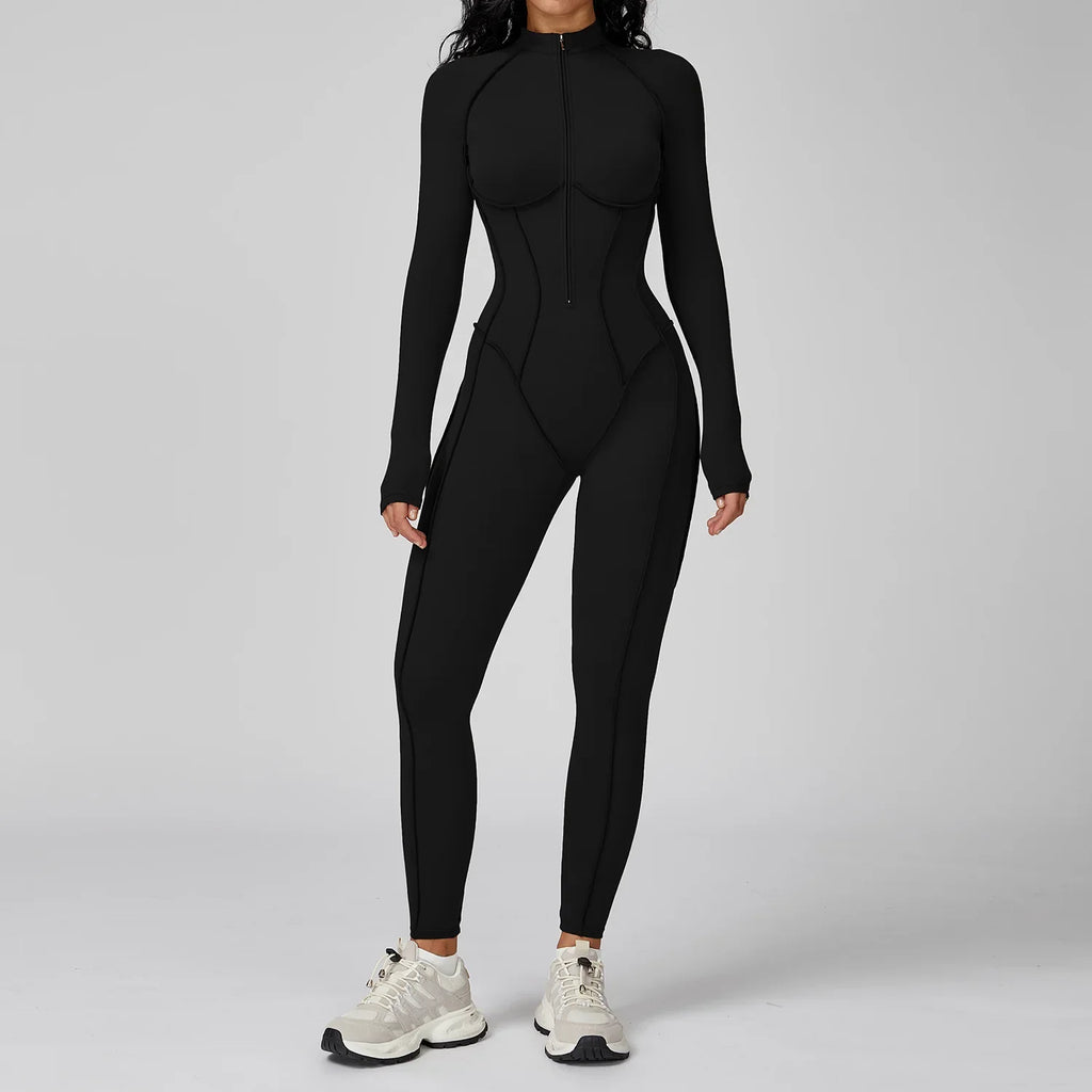 Women Yoga Bodysuit Long Sleeved Tracksuits Gym Zipper