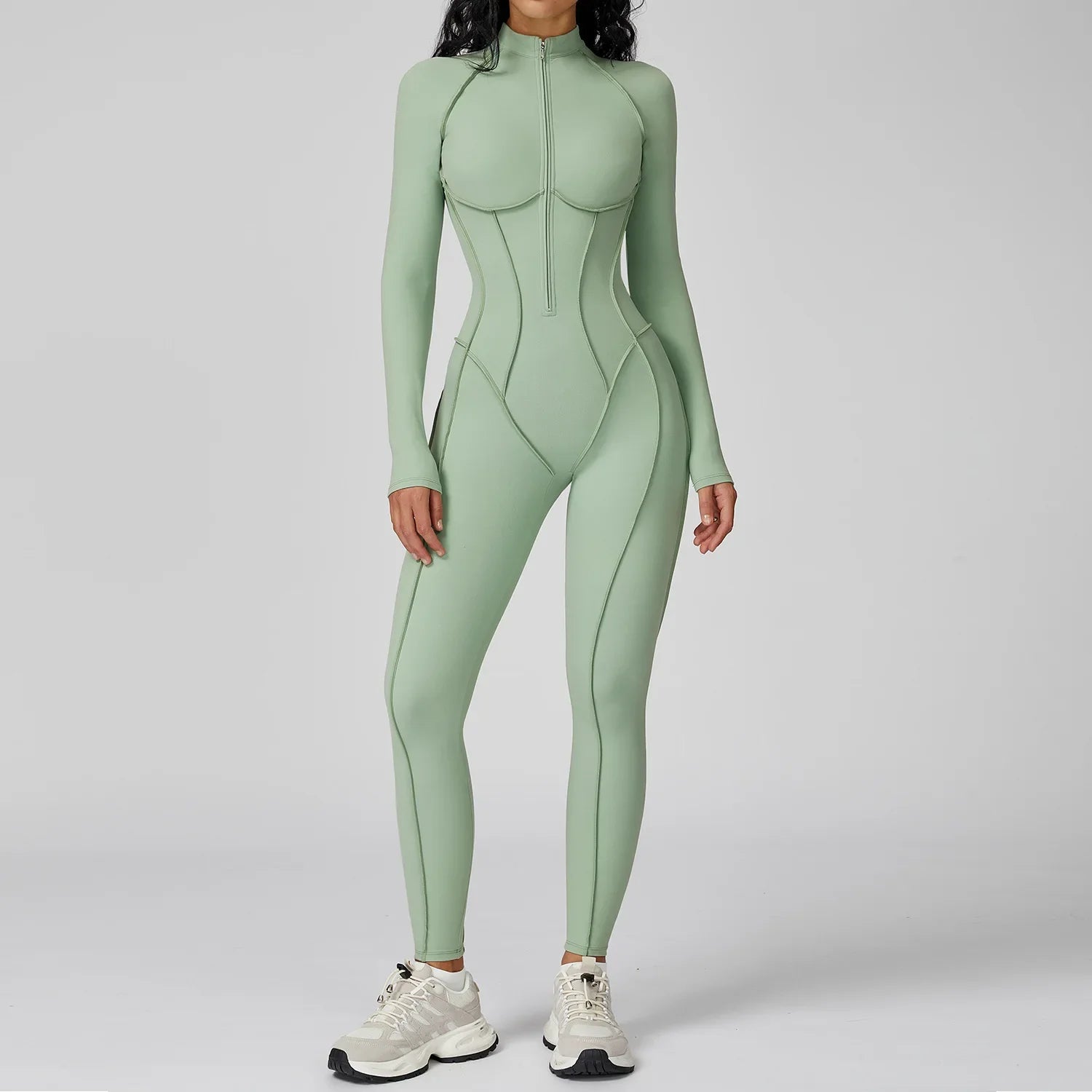 Women Yoga Bodysuit Long Sleeved Tracksuits Gym Zipper